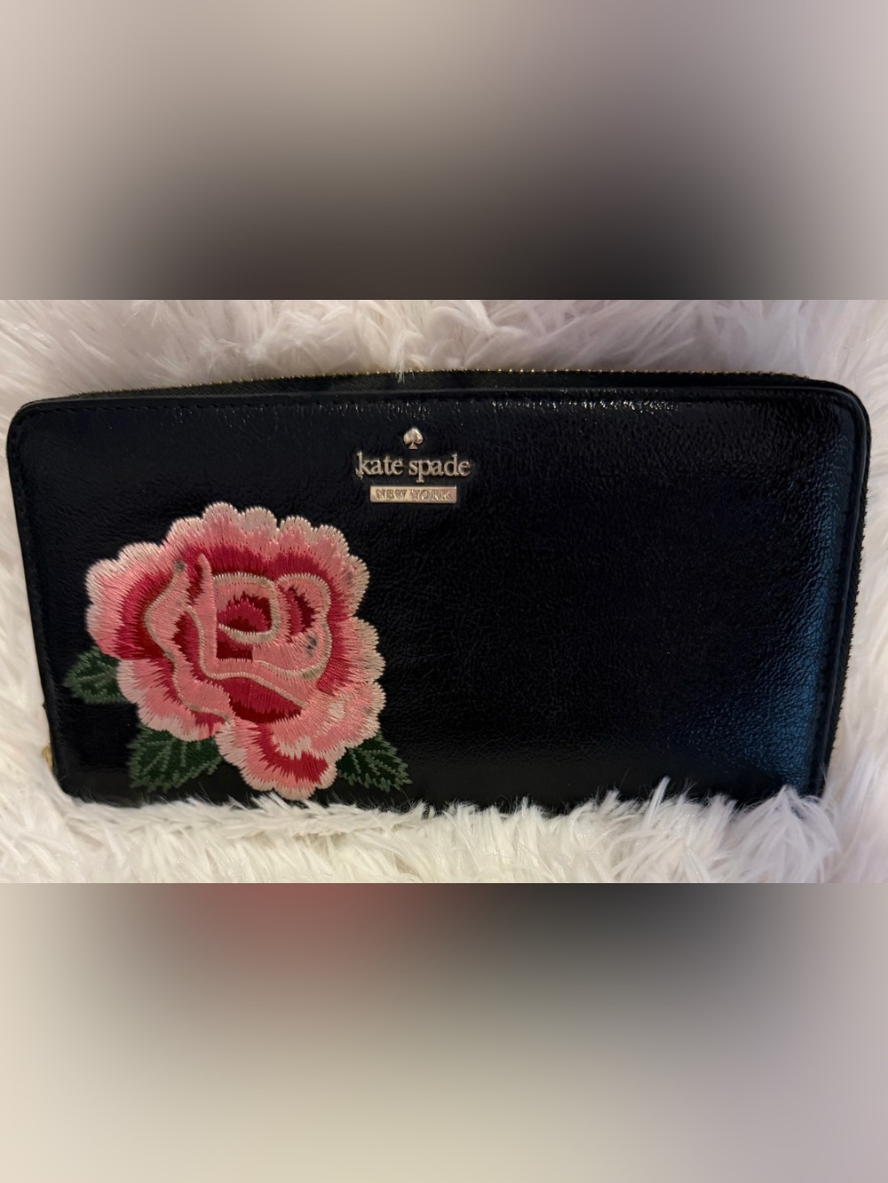 Black Kate Spade Embroidered Rose  Rosetta Wallet - Continental Large Zip Wallet
